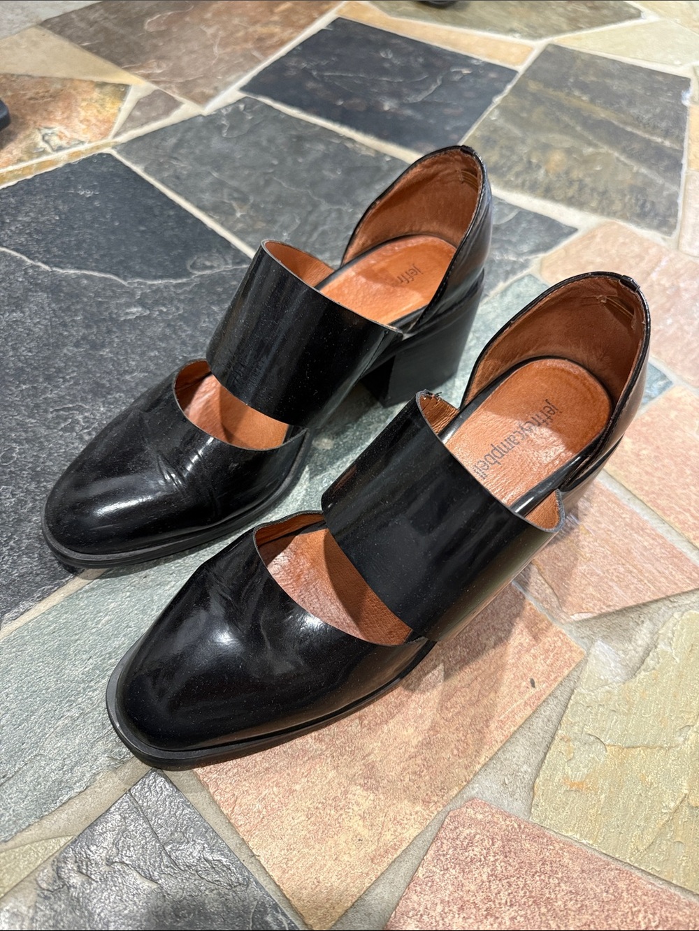 Jeffrey Campbell Black Patent Mary Jane Block Heels with Wide Strap